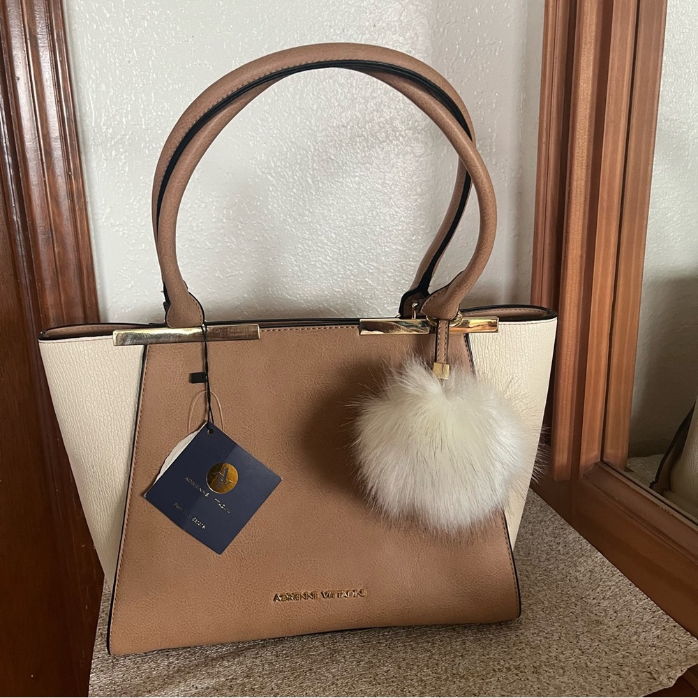 NWT Adrienne Vittadini Beige and Brown Tote with Fur Charm
